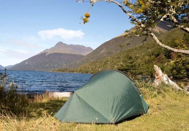 Wild camping beside a deserted lake in Chilean Patagonia.