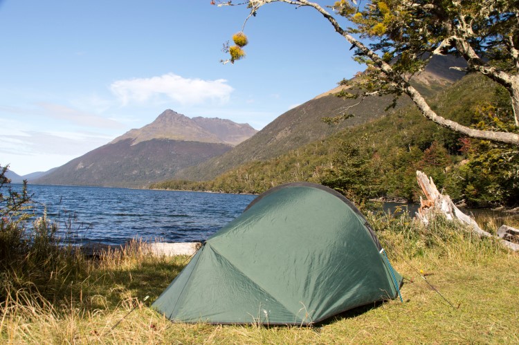 Wild camping beside a deserted lake in Chilean Patagonia. 