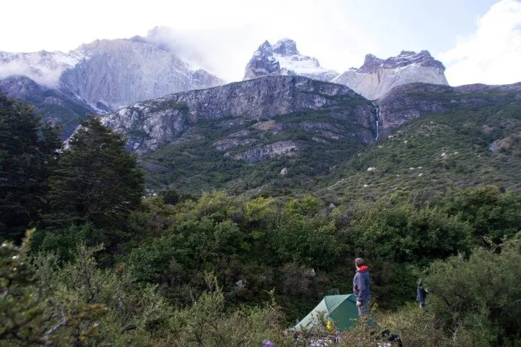 Torres del Paine Patagonia W trek at Cuernos campground with views across Los Cuernos