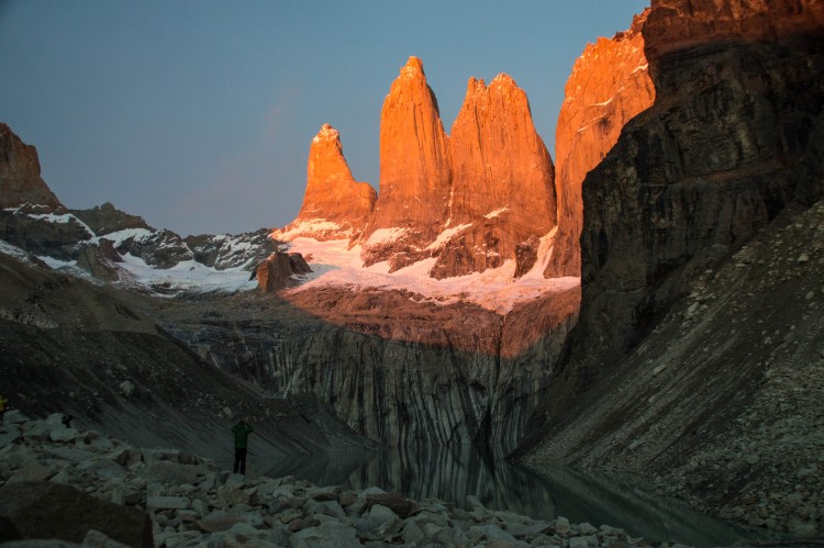 Dawn at the towers on the Torres del Paine W trek
