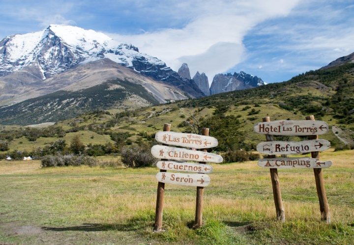 Signposts for the different refugios and campground in Torres del Paine National Park a top destination for seven days in Patagonia