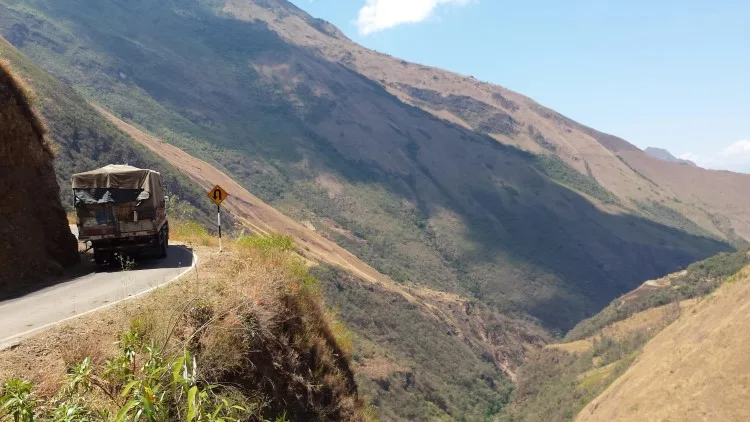 A steep drop on a precipitous road off the gringo trail in South America