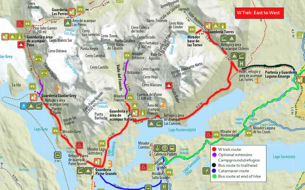 Map of the Torres del Paine W trek itinerary from East to West in five days