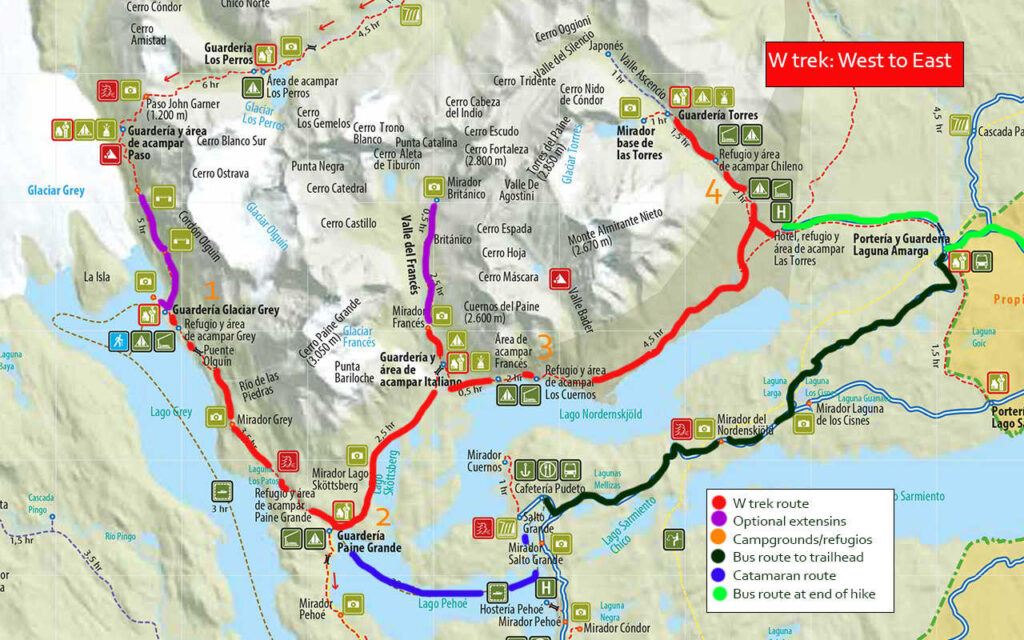 Map of the Torres del Paine W trek itinerary from West to East in four days