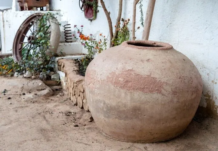 A pisco (an earthenwear jar) used to transport the alcohol on display in the Los Nichos distillery, Pisco Elqui. 