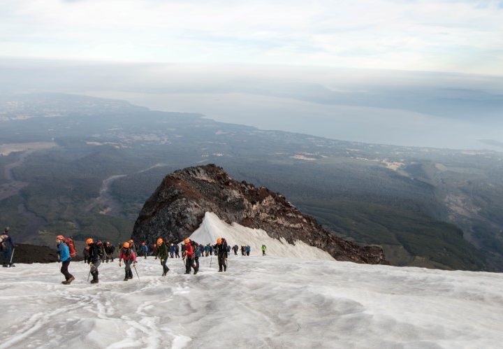 Hiking up the Villarrica Volcano in the snow, in Chile. 