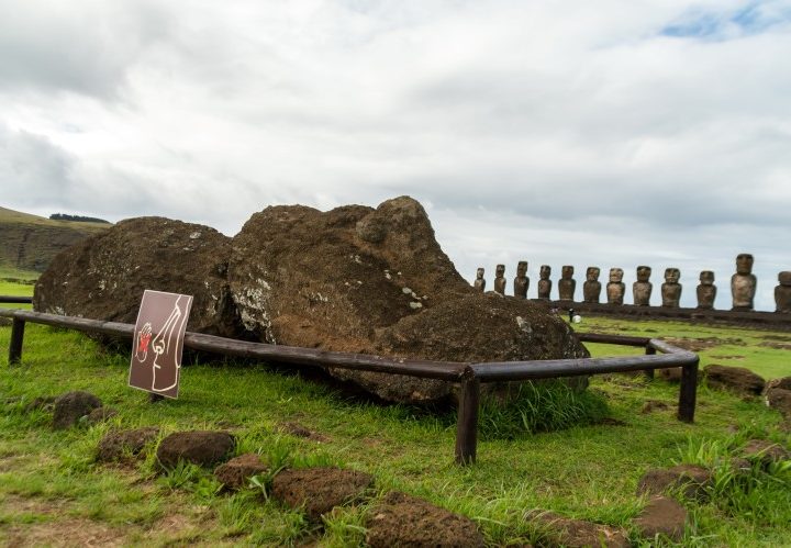 A fallen moai infront of the famous Ahu Tongariki on Easter Island, Chile