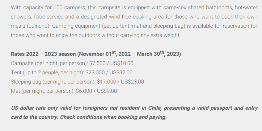 Prices for camping and camping equipment rental in Refugio and Camping Dickson, Torres del Paine National Park 2022-2023