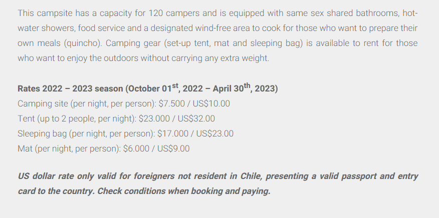 Prices for camping and camping equipment rental in Refugio y Camping Grey, Torres del Paine National Park 2022-2023