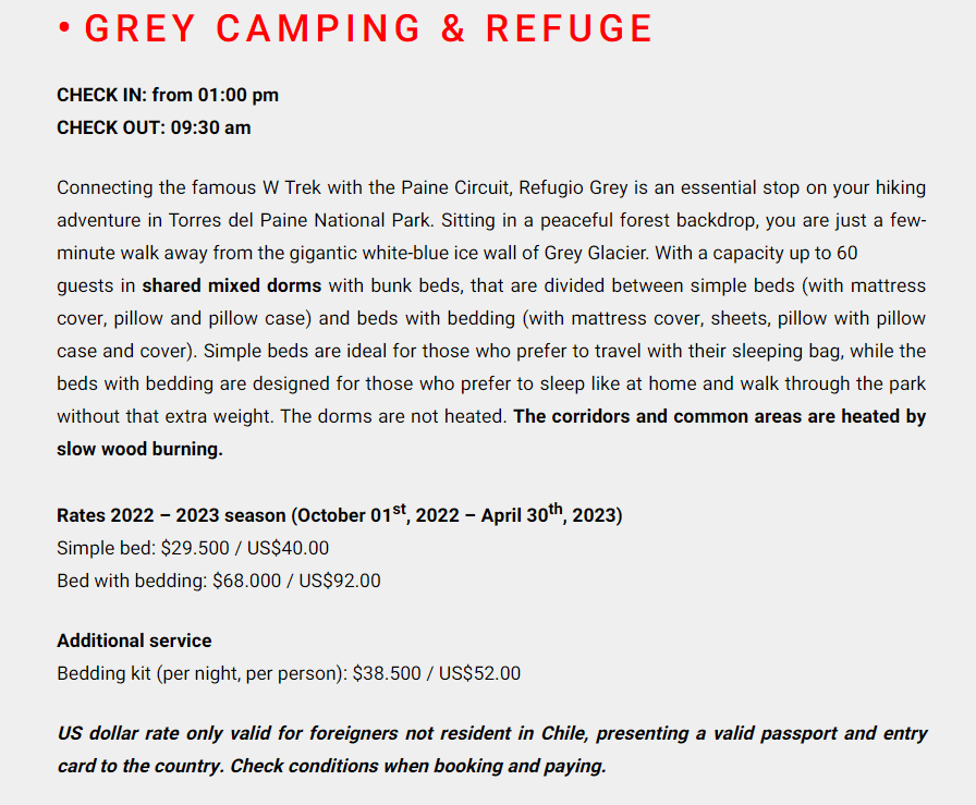 Cost of staying in a refugio in Camping and Refugio Grey, Torres del Paine National Park 2022/2023
