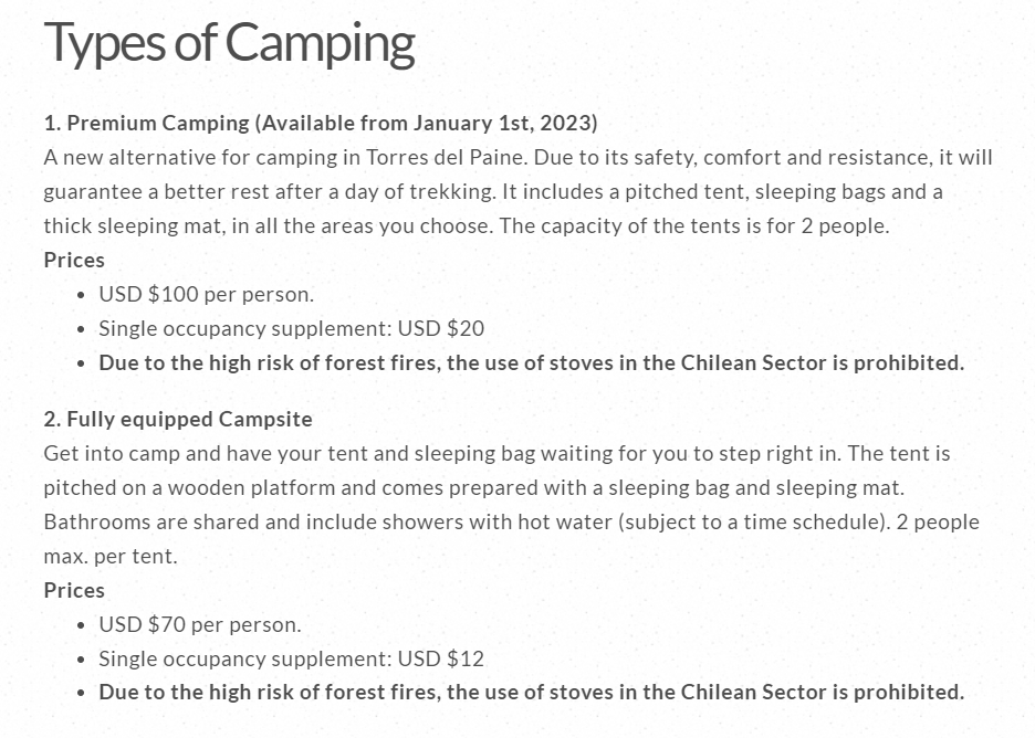 Prices for camping at Las Torres campgrounds across Torres del Paine National Park, 2022/2023