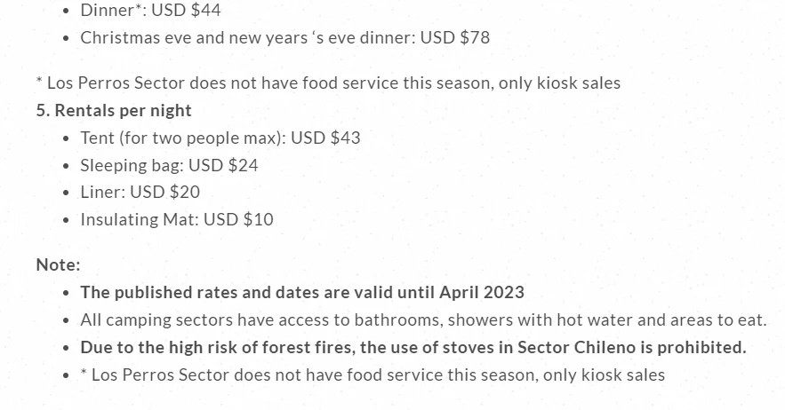 Prices for camping and dining at Las Torres campgrounds across Torres del Paine National Park, 2022/2023