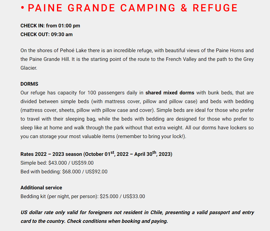 Cost of staying in a refugio in Camping and Refugio Paine Grande, Torres del Paine National Park 2022/2023
