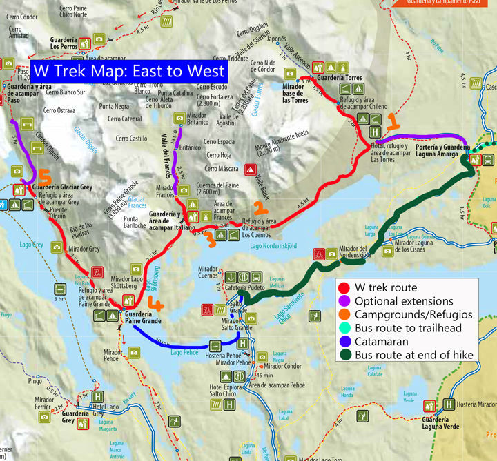 Torres del Paine map, W trek going east