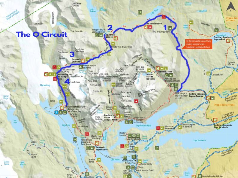 Map of the O Circuit trek through Torres del Paine National Park