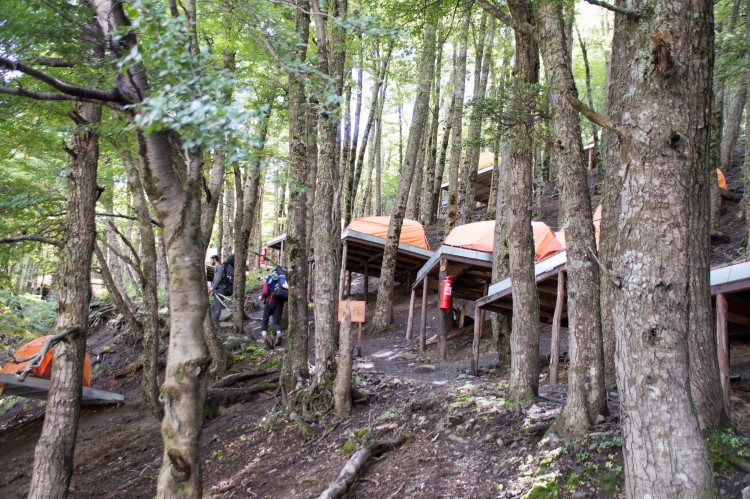 Camping in El Chileno on raised wooden platforms. Torres del Paine National Park. 