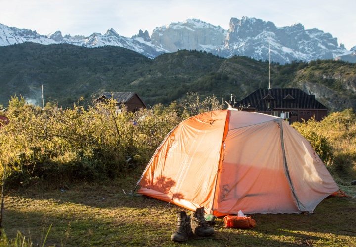 A tent pitched at Camping Dickinson along the O Circuit and information on how to make camping reservations in Torres del Paine National Park Patagonia