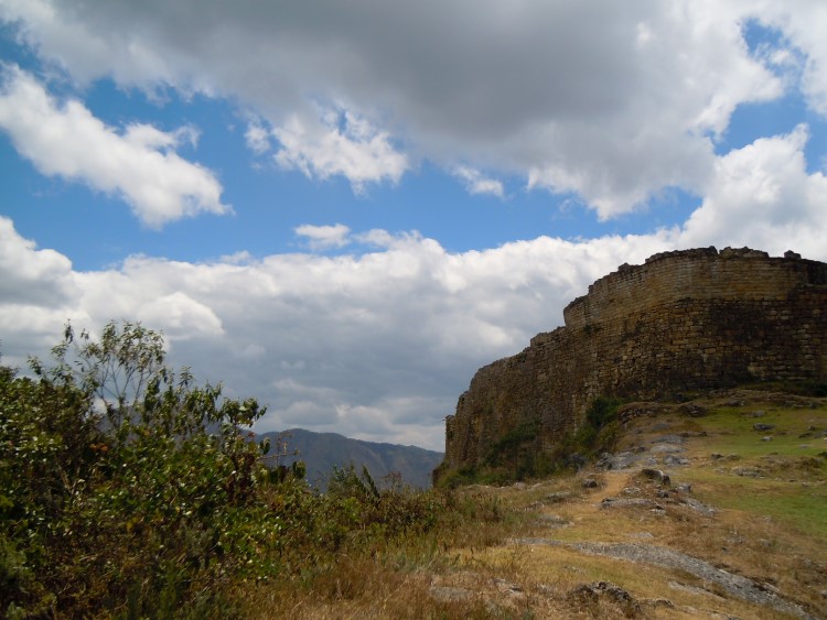 The towering stone walls of the Kuelap fortress on a mountain top close to Chachapoyas Peru