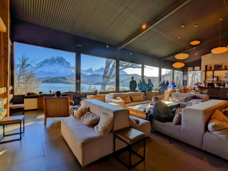 The view from the bar area at Hotel Grey in Torres del Paine with incredible views of Lago Grey and the snowcapped Paine Massif