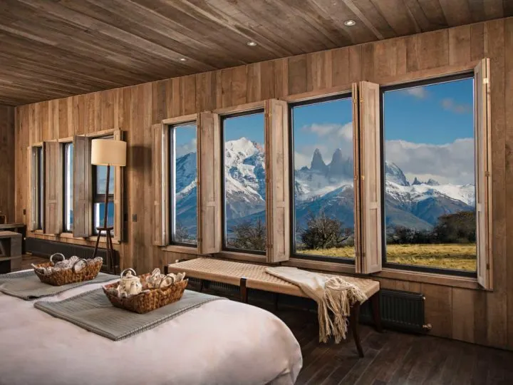 The views of the towers from a bedroom in the exclusive Awasi, one of the top Torres del Paine hotels in Chilean Patagonia
