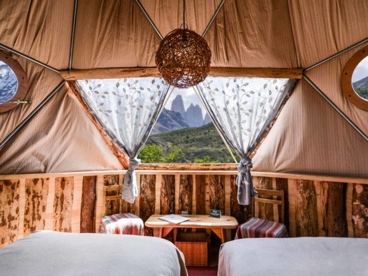 Views of the towers from the bed of one of the EcoCamp Patagonia glamping domes, one of the top Torres del Paine hotels in Chilean Patagonia