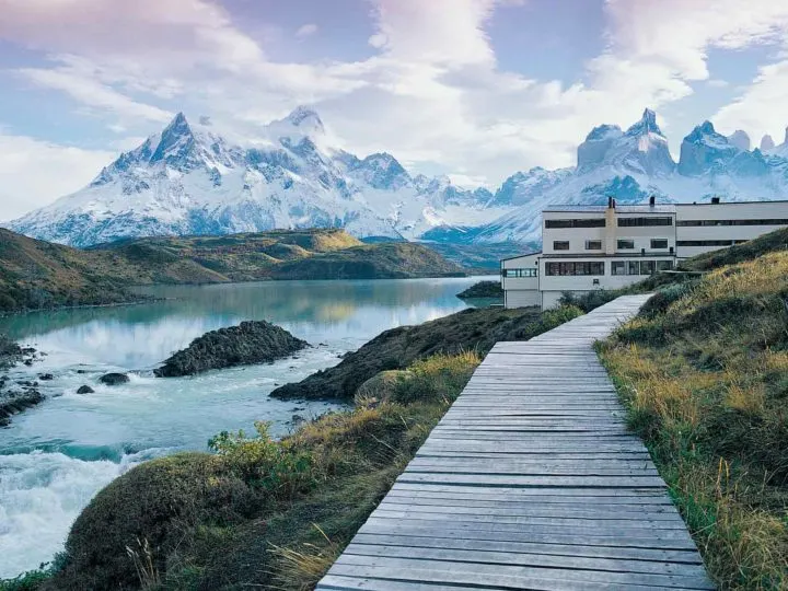 Views across Lago Pehoe and the Cuernos del Paine from Explora, one of the top Torres del Paine hotels in Chilean Patagonia