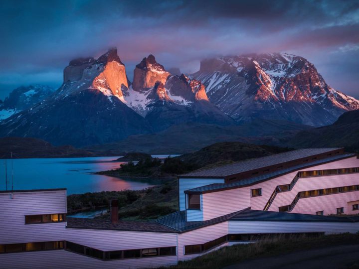 Views across Lago Pehoe and the Cuernos del Paine from Explora, one of the top Torres del Paine hotels in Chilean Patagonia