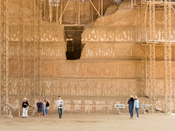 The dramatic murals on the outside walls of the Huaca de la Luna near Trujillo and Huanchaco, Peru