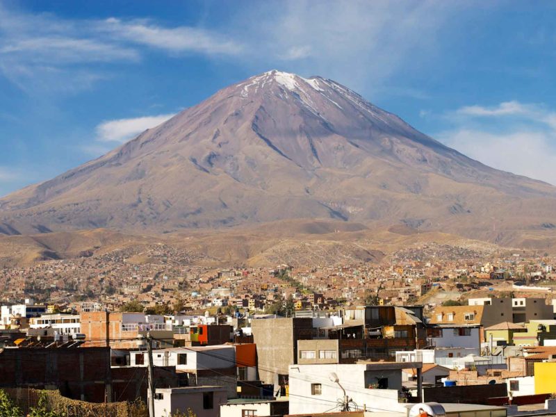 Volcano Misti towers over the city of Arequipa in Peru