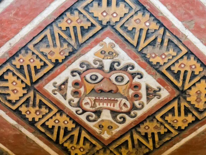 An ancient, polychrome frieze in Huaca de la Luna near Trujillo Peru