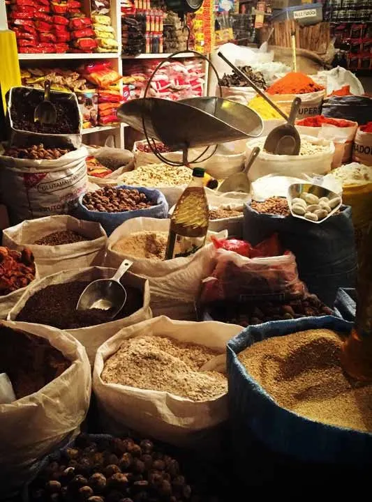 Bags of dried goods in a La Paz market, one of the things to do in La Paz Bolivia