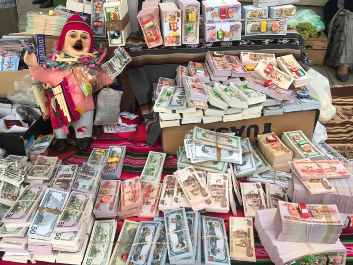 (Fake) money sold at market stalls during the Feria de las Alasitas, an important annual event for tourists and local alike in La Paz, Bolivia