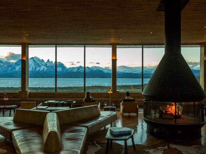 Views from the lounge area of at Tierra Patagonia, one of the top Torres del Paine hotels in Chilean Patagonia