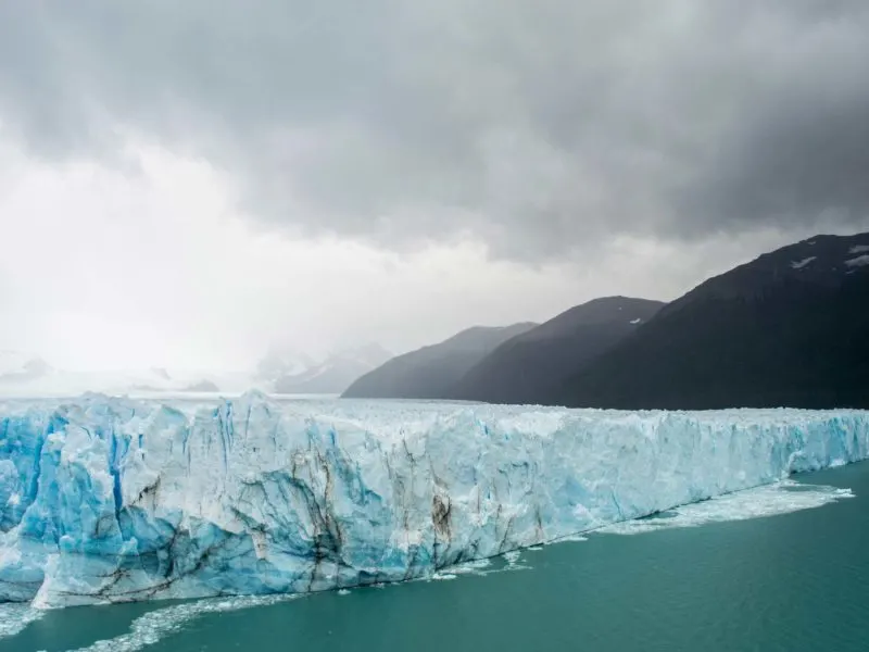 A side view of the Perito Moreno Glacier in Los Glaciers National Park in Argentina