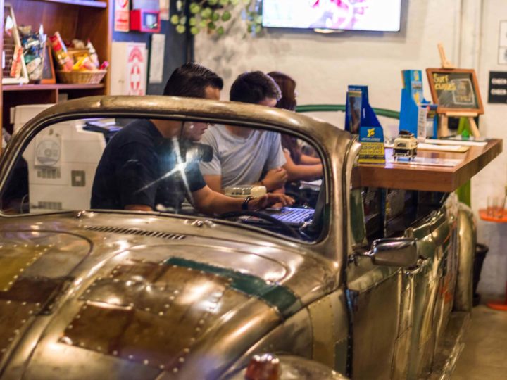 The front desk of Selina, the place where to stay in Lima, operates out of a refurbished VW beetle.