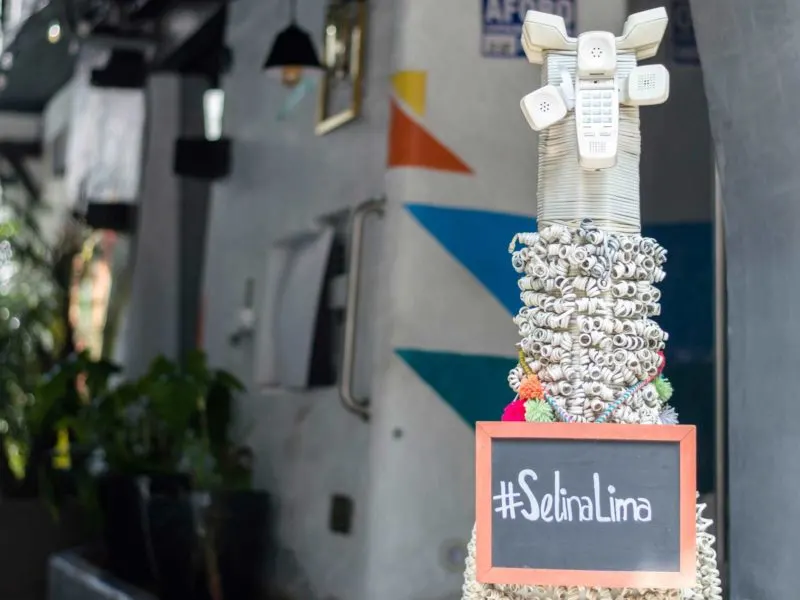 The Selina llama, made out of old telephone cords and handsets stands outside of the hostel, a great place to stay in Lima, Peru
