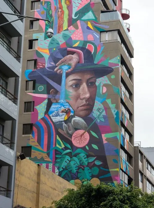 A mural painted by Zelva1, a Peruvian street artist on the exterior of Selina Lima, the best place to stay in Lima, Peru