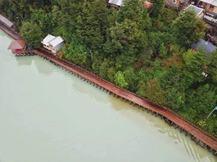 An aerial view of the wooden boardwalks in Caleta Tortel, along the Carretera Austral