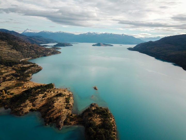 Aerial shot of Lago General Carrera along Patagonia's Carretera Austral