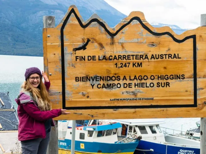 Sign saying "the end of the road" at the end of Patagonia's Carratera Austral near Villa O'Higgins