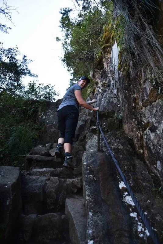Looking up the steep stairs of Huayna Picchu, a possible add-on to your hike along the Inca Trail.