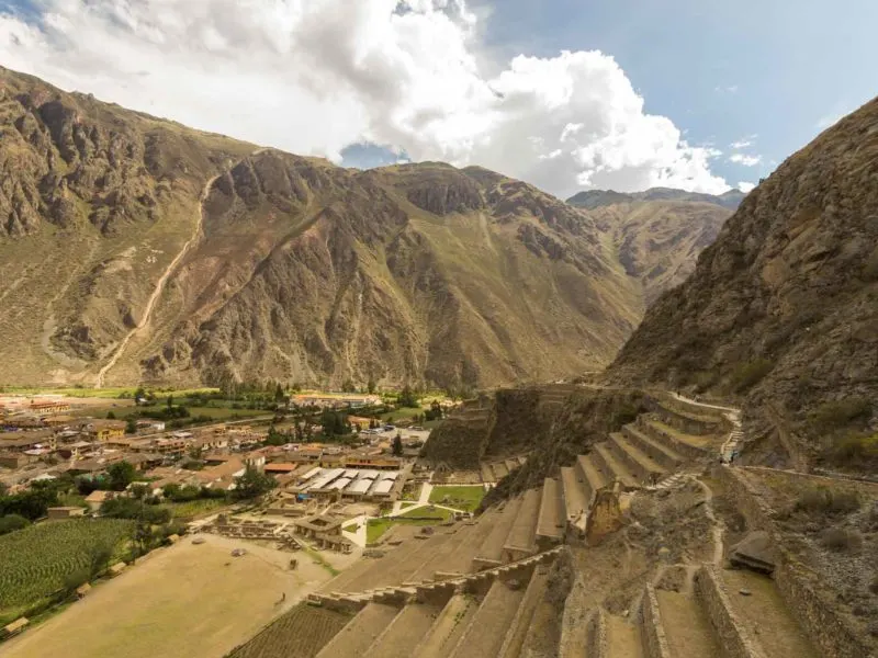 Wild mountains overlook the Sacred Valley of  Ollantaytambo along these South America Backpacking Routes 