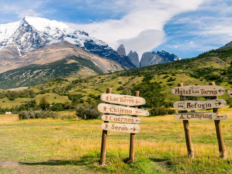 Signposts in Torres del Paine National Park, Patagonia