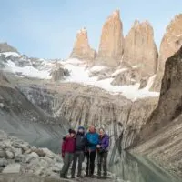 At the towers at the end of hiking the O Circuit in Torres del Paine National Park, Patagonia