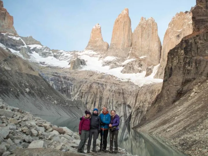 At the towers at the end of hiking the O Circuit in Torres del Paine National Park, Patagonia