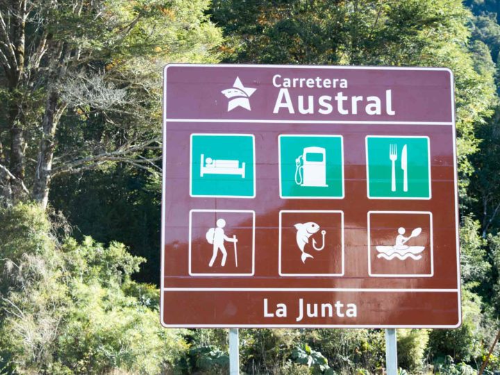 Signs for the Carretera Austral mark your path when driving in Patagonia