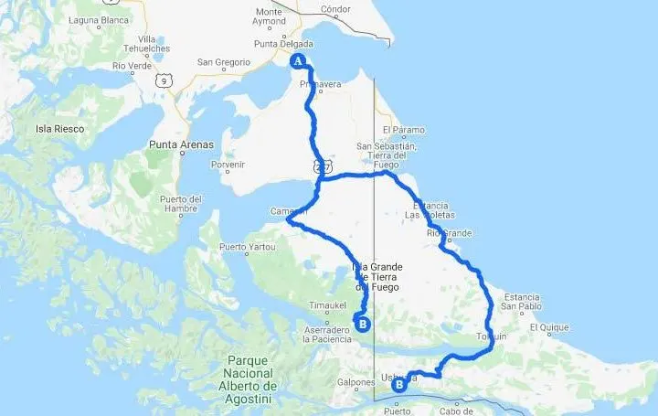 Route of roads for driving through Chilean and Argentine Tierra del Fuego