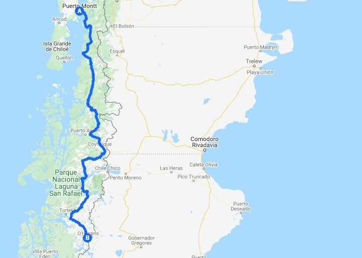 Map showing the route of the Carretera Austral in Chilean Patagonia