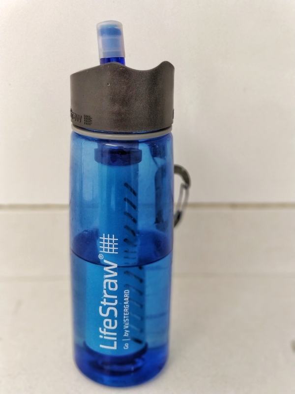 A blue Lifestraw water purifier bottle