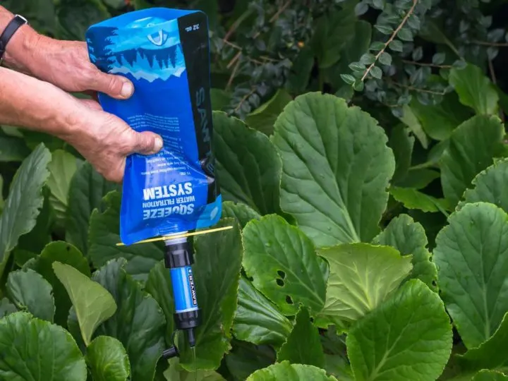 Someone squeezes the blue bag of a Sawyer Mini water filter, pushing the water onto some plants